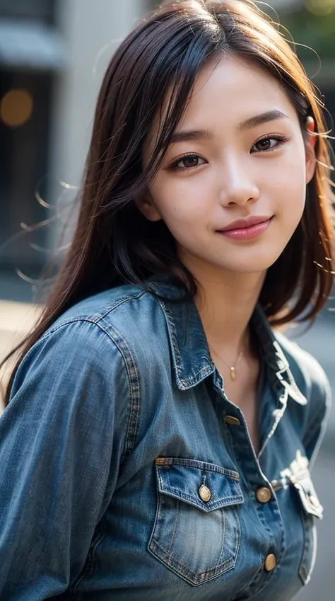 8k, best quality, masterpiece, realistic, ultra detail, photo realistic, hyper realistic, smoother lighting, increase cinematic lighting quality, realistic lighting, backlighting, brightening light, Increase quality, best quality real texture skin,
close-up, slender, (cute face:1.4), smile, beautiful details eyes, 19years old korean girl, pretty, city, jean shirt,