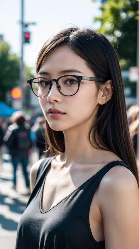 (RAW photo, best quality), (realistic, photo-realistic:1.3), extremely delicate and beautiful, Amazing, finely detail, masterpiece, ultra-detailed, highres, (best shadow),
sharp focus, volumetric fog, 8k UHD, DSLR, high quality, Fujifilm XT3,
a woman wearing glasses and a blue top posing for a picture in the street with her hand on her head, glasses, a picture, aestheticism