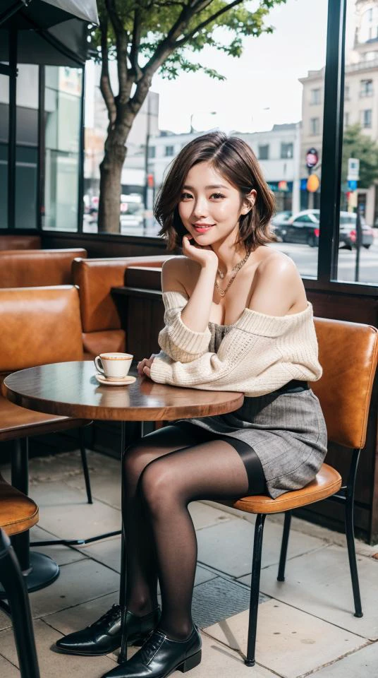 8k uhd, dslr,film grain, Fujifilm XT3,(best quality:1.3), (masterpiece:1.1), high resolution, cinematic light, intricate details, (photorealistic),outside,beautiful outside,sunny,
korean girl,(in cafe:1.5) , dimples, bobcut, looking at viewer, detailed trees, ribbons, bowties, bare shoulders, ribbed sweater,
pencil skirt, high-waist skirt, head rest, sitting, indoors,
necklace,black pantyhose, sheet transportation sweater, (smile),(full body:1.6),slender,