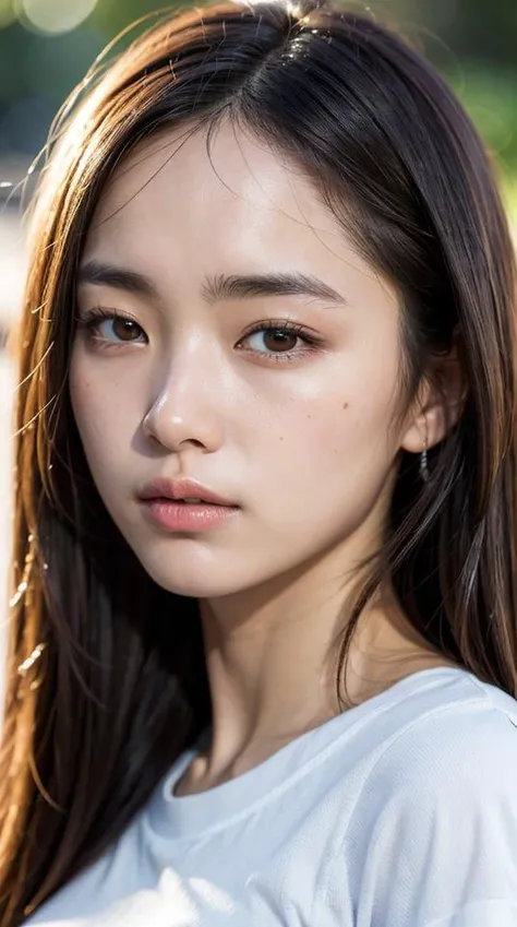 8k, best quality, masterpiece, realistic, ultra detail,  photography, HDR, ROW photo, highres, absurdres, smoother light, official art, depth of field, (brightening light:1.1),
face close-up, slender, finely detailed face, shy, beautiful details eyes, 19years old korean, pretty, (best quality real texture skin:1.4),
t-shirts, wind,