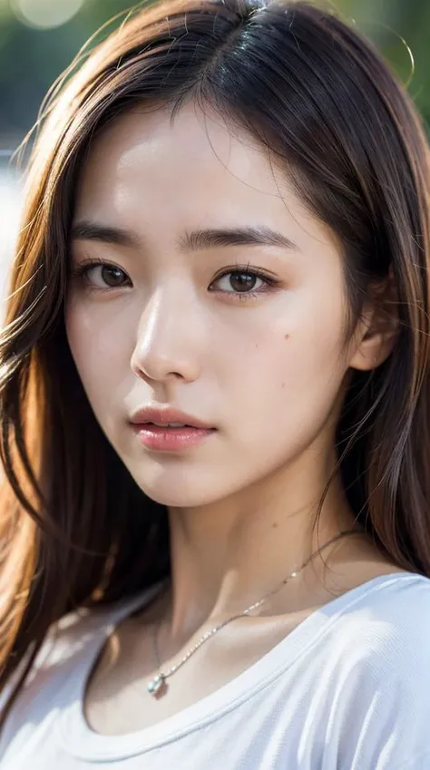 8k, best quality, masterpiece, realistic, ultra detail, photography, HDR, ROW photo, highres, absurdres, smoother light, official art, depth of field, (brightening light:1.1),
face close-up, slender, finely detailed face, shy, beautiful details eyes, 19years old korean, pretty, (best quality real texture skin:1.4),
t-shirts, wind,