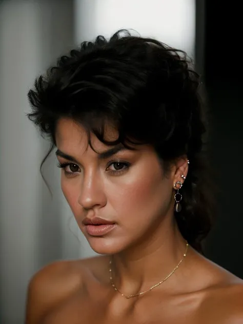 Realistic photo of a beautiful j4n1c3d woman,1girl,solo,looking at viewer,black hair,jewelry,collarbone,earrings,parted lips,lips,grey eyes,portrait,realistic,soft lighting, professional Photography, Photorealistic, detailed, RAW, analog, sharp focus, 8k, HD, high quality, masterpiece<lora:j4n1c3d:1.0>