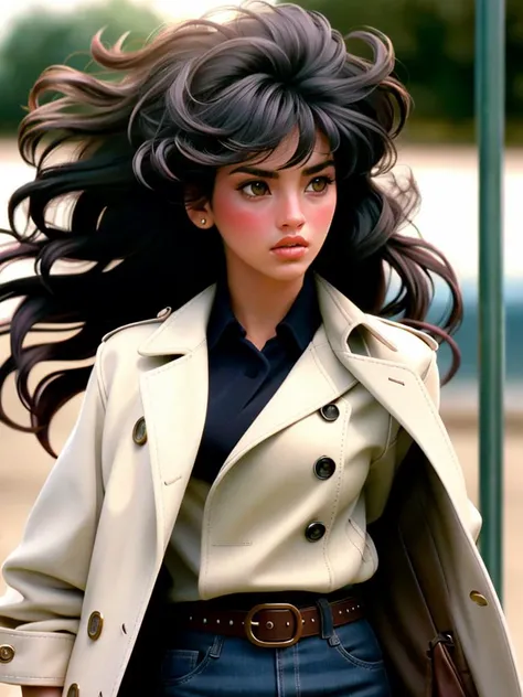 Realistic photo of a beautiful j4n1c3d woman, 1girl,solo,black hair,belt,blurry,lips,coat,looking to the side,wind,messy hair,realistic,soft lighting, professional Photography, Photorealistic, detailed, RAW, analog, sharp focus, 8k, HD, high quality, masterpiece<lora:j4n1c3d:1.0>
