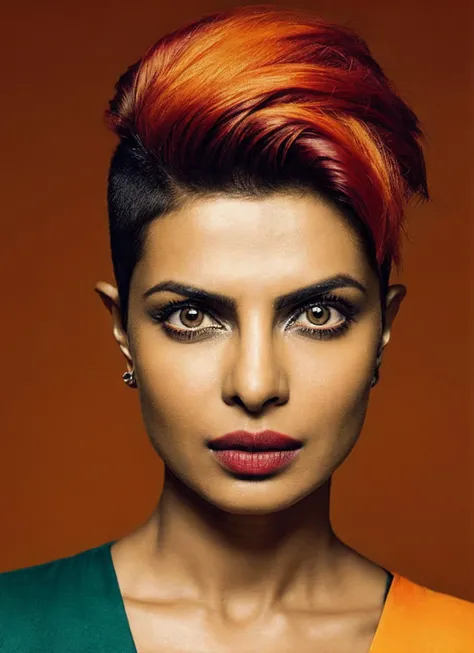 portrait of sks woman by Flora Borsi, style by Flora Borsi, bold, bright colours, orange Mohawk haircut, ((Flora Borsi)), <lora:locon_priyanka_v1_from_v1_64_32:1.25>