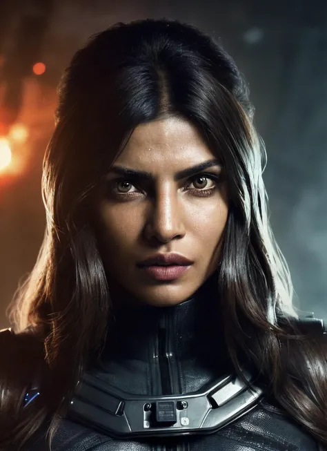 close up photo of sks woman, rugged space trucker, inside industrial spaceship, futuristic science fiction, action scene, digital concept art, realistic, intricate detailed textures, filmic, cinematic, environmental character portrait, <lora:locon_priyanka_v1_from_v1_64_32:1.25>