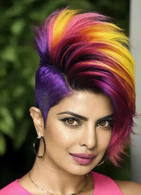 portrait of sks woman by Flora Borsi, style by Flora Borsi, bold, bright colours, rainbow Mohawk haircut, ((Flora Borsi)), <lora:locon_priyanka_v1_from_v1_64_32:1.25>