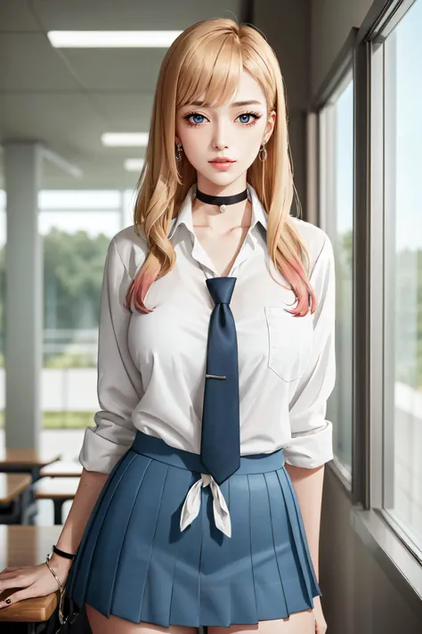 marinkitagawa, marin kitagawa, blonde hair, choker, ear piercing, earrings, long hair, piercing, (red eyes:1.5), straight hair, swept bangs,
BREAK black necktie, long sleeves, pleated skirt, school uniform, shirt, skirt, sleeves rolled up, white shirt, cleavage,
BREAK indoors, classroom,
BREAK looking at viewer, BREAK (masterpiece:1.2), best quality, high resolution, unity 8k wallpaper, (illustration:0.8), (beautiful detailed eyes:1.6), extremely detailed face, perfect lighting, extremely detailed CG, (perfect hands, perfect anatomy),
