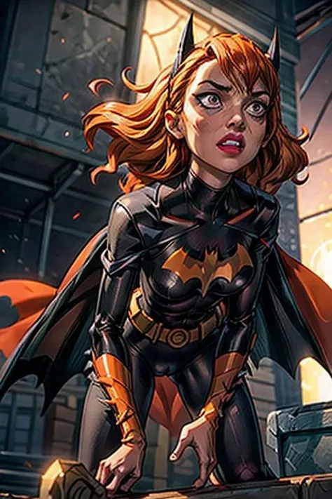 (((from below))), a ite woman with orange hair wearing a (((orange batman mask))), masterpiece, best quality, 1girl, batgirl, atmospheric scene, (detailed beautiful face, detail skin texture, ultra-detailed body:1.1),, ((extreme skin detail)), hdr, ((ultrarealistic)), medium breasts, (((clothed nipples))), iridescent (((bright orange bodysuit))), (((black batman logo))), (((torn clothes))), ((looking up)), angry, shocked, ((sweaty)), (((mascara running))), (((dark eye make up smeared))), orange cape, utility belt, (camel toe), black lit