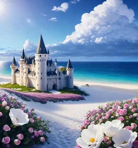 castle, flowers, delicate scene, sky,white clouds,and sunlight shine on the snow-white beach. flowers roses and shiny large shells, diamond crystal, on the beach, fantasy, sky night , moon, smoke , fire, photo, HD, 8K, HD<lora:4x_RealisticRescaler_100000_G:1>
