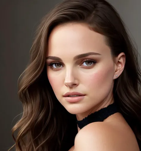 Portrait of ((stunning)), natalie Portman, wearing a black choker with (wavy brown:1.0) hair ((highly detailed eyes)), ethereal, seductive, ((perfect eyes)), (nude glossy lips), model, ((angelic)), photorealistic, full, 4K, trending on artstation,( masterpiece) <lora:4x_RealisticRescaler_100000_G:1>