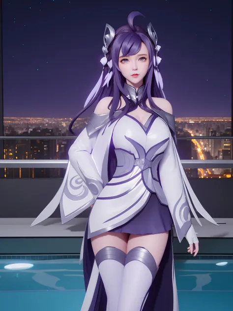 WZRYxishiGXMY, 1girl, solo, purple eyes, thighhighs, purple hair, long hair, headgear, ahoge, dress, lips, gloves,long sleeves, bare shoulders, sash,clothing cutout,mature female, looking at viewer,standing,cityscape, night, pool,hand on hip, <lora:WZRYxishiGXMY:0.75>