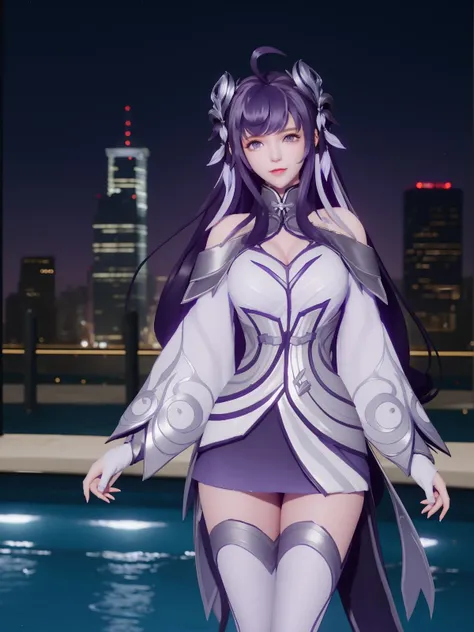 WZRYxishiGXMY, 1girl, long hair, purple hair, purple eyes, solo, hair ornament, dress, ahoge, thighhighs,gloves,bangs,bare shoulders,<lora:WZRYxishiGXMY:0.75>,cityscape, night, looking at viewer, mature female, pool,hand on hip, standing, long sleeves, light smile,
