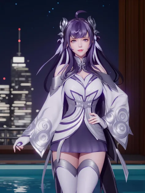 WZRYxishiGXMY, 1girl, long hair, purple hair, purple eyes, solo, hair ornament, dress, ahoge, thighhighs,gloves,bangs,bare shoulders,<lora:WZRYxishiGXMY:0.75>,cityscape, night, looking at viewer, mature female, pool,hand on hip, standing, long sleeves, light smile,