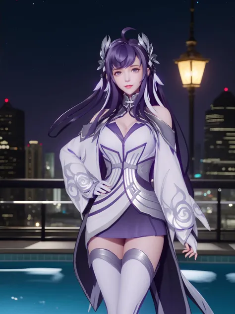 QSJhaideliweiBLSG, 1girl, solo, jewelry, swimsuit, navel, bracelet, bikini, long hair, flower, nail polish, white hair, breasts,<lora:QSJhaideliweiBLSG:0.75>,cityscape, night,mature female, looking at viewer, one eye covered, pool, hair ornament, purple eyes,