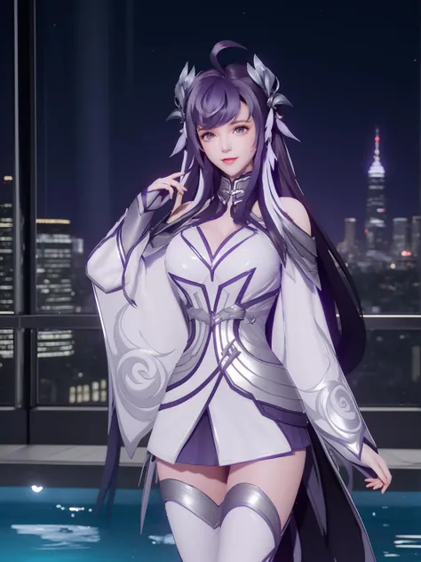 WZRYxishiGXMY, 1girl, long hair, purple hair, purple eyes, solo, hair ornament, dress, ahoge, thighhighs,gloves,bangs,bare shoulders,<lora:WZRYxishiGXMY:0.75>,cityscape, night, looking at viewer, mature female, pool,hand on hip, standing, long sleeves, light smile,