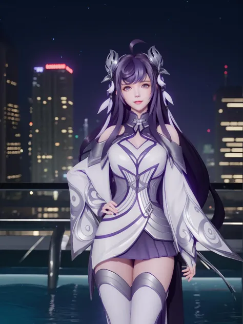 WZRYxishiGXMY, 1girl, long hair, purple hair, purple eyes, solo, hair ornament, dress, ahoge, thighhighs,gloves,bangs,bare shoulders,<lora:WZRYxishiGXMY:0.75>,cityscape, night, looking at viewer, mature female, pool,hand on hip, standing, long sleeves, light smile,