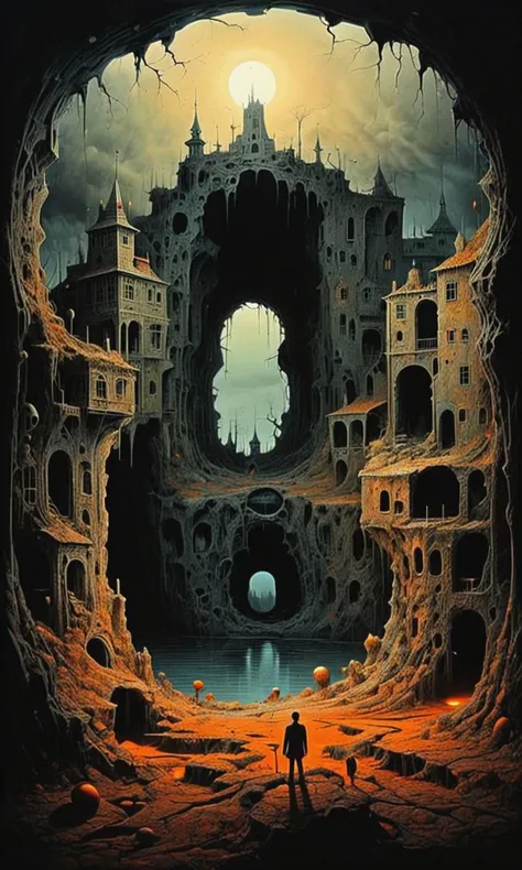 fantastical surreal illustration of hole in my old life,  limited dark color palette, volumetric lighting,
in style of Zdzislaw Beksinski,
<lora:xl_more_art-full_v1:0.2> <lora:castlesland:0.75> castlesland