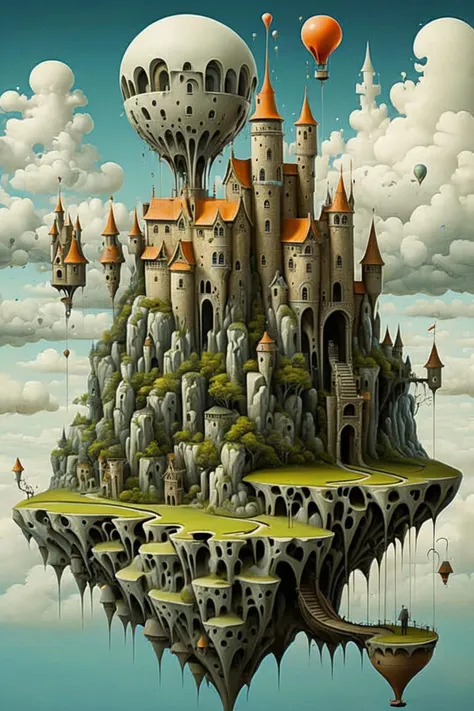 a fantastical surrealism landscape of castle on a floating cliff with a giant balloon in the sky
castlesland <lora:castlesland:0.75>