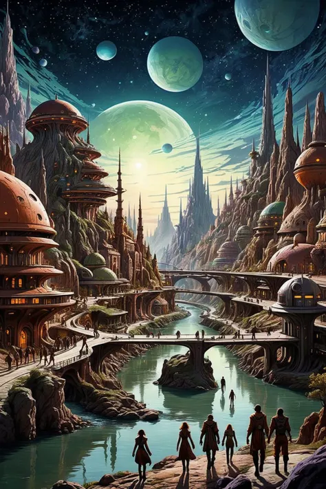 castlesland, a landscape of a scifi city with people walking around river, fantasy star sky <lora:castlesland:0.5>