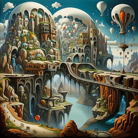 painting of fantasy futuristic city, bridge, cliff, cave, river, water, balloon, small clouds