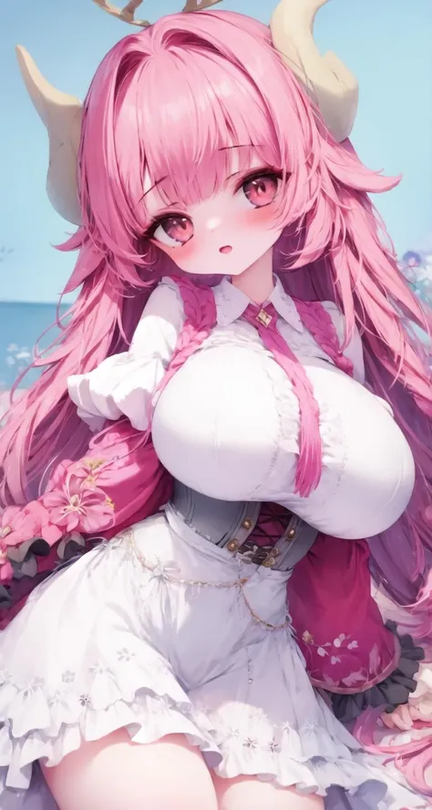1girl, solo, (face, close-up, eye focus:0.3), eyelashes, eyeliner, head tilt,perspective, blush, dutch angle, minigirl, petite, dragon_girl, horns, lace, corset, underbust, (huge breasts:1),long wavy hair, pink hair, frilled long dress, petite, minigirl, (wide hips, curvy, plump:0.3), slender, sweat, tight clothes, impossible clothes, (dirndl:0.7), white shirt, button, gown, princess, frills, (nipples:0.6), FFFFFF, FE1594