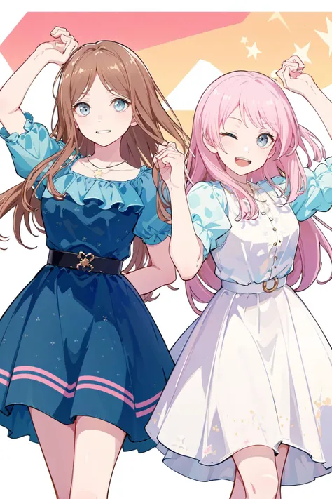 masterpiece, best quality, PIXIV,aisu,
, 2girls, pink hair, one eye closed, long hair, smile, brown hair, ;d, skirt, shirt, plaid, dress, blue eyes, open mouth, short sleeves, looking at viewer, blue shirt, grey eyes, bangs, floral print, upper teeth only, white shirt, belt, blush, puffy sleeves, frills, necklace, long sleeves, jewelry, arm up, arm behind back, sidelocks, white background, standing, white skirt, own hands together, star \(symbol\), puffy short sleeves, closed mouth, starry background, plaid dress, print dress, cowboy shot, print skirt
<lora:aisu-000018:1>