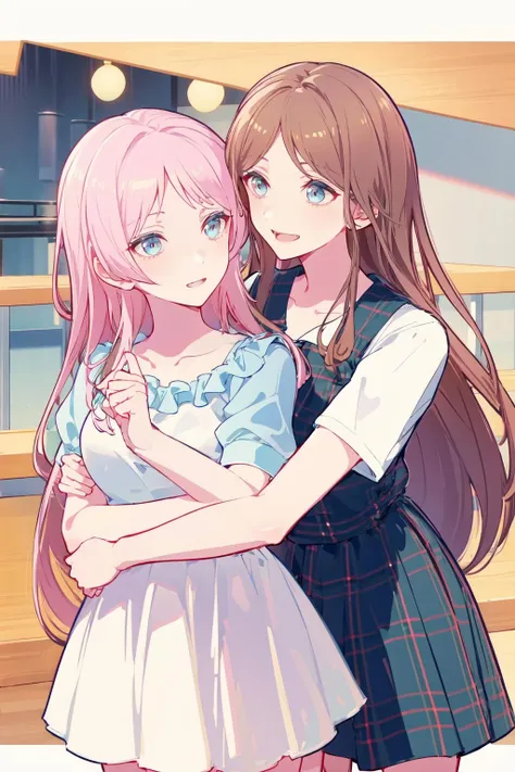 masterpiece, best quality, PIXIV,aisu,yuri,
, 2girls, pink hair,  long hair, smile, brown hair, skirt, shirt, plaid, dress, blue eyes, short sleeves,breast to breast,look each other,hug, 
 <lora:aisu-000018:1>