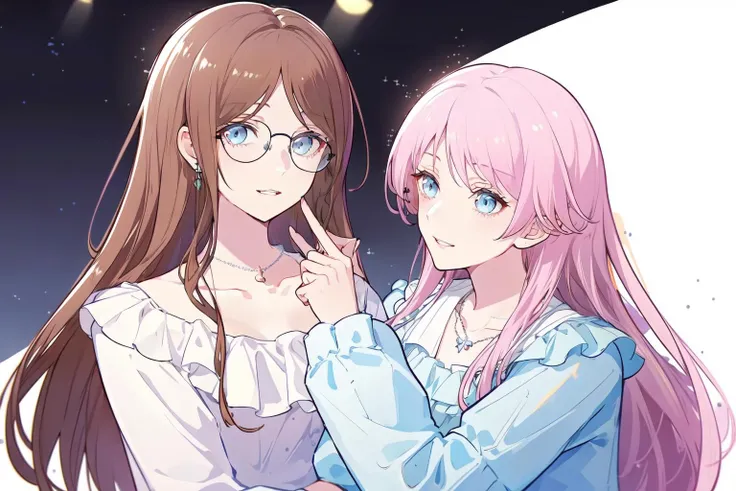 masterpiece, best quality, PIXIV,aisu,yuri,
2girls, pink hair, jewelry, blue eyes, glasses, long hair, necklace, white background, shirt, brown hair, white shirt, simple background, parted lips, collarbone, smile, dress, upper body, open mouth, bangs, looking at viewer
<lora:aisu-000018:1>