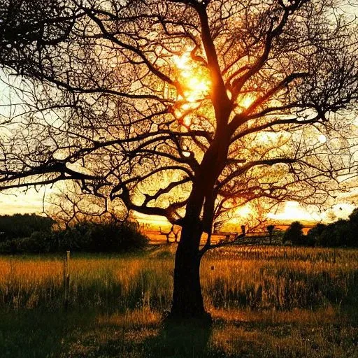 a close up of a tree in a field with the sun setting