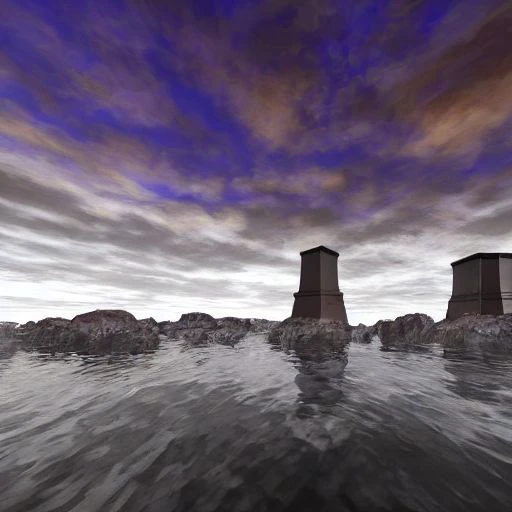 rocky coast made of gray stone, gray water reflects, thin rectangular square dark brown skyscrapers with rectangular vertical frequent narrow windows, a cooling tower can be seen on the side on a separate stone island, low gray clouds often seeping through, and a few dark orange ones, the sky is blue with a hint of purple on the horizon is white