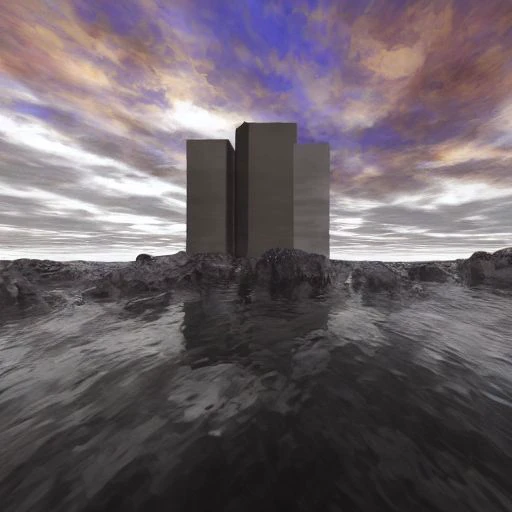 rocky coast made of gray stone, gray water reflects, thin rectangular square dark brown skyscrapers with rectangular vertical frequent narrow windows, a cooling tower can be seen on the side on a separate stone island, low gray clouds often seeping through, and a few dark orange ones, the sky is blue with a hint of purple on the horizon is white