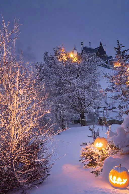 Create a photorealistic image capturing the magical ambiance of Halloween night on a snowy day. The scene should depict a winter wonderland covered in a pristine layer of snow. Amid the snowflakes, intricately detailed Halloween decorations and spooky elements should come to life. You can include jack-o'-lanterns with flickering candles, a snow-covered haunted house, and eerie silhouettes of ghostly figures. The snowfall should be realistically rendered, with individual snowflakes visible in the light. Use a professional camera with an 85mm lens to capture the details of this winter Halloween scene. Opt for a high-resolution image (8K) and use ambient and warm lighting to create a cozy yet eerie atmosphere.