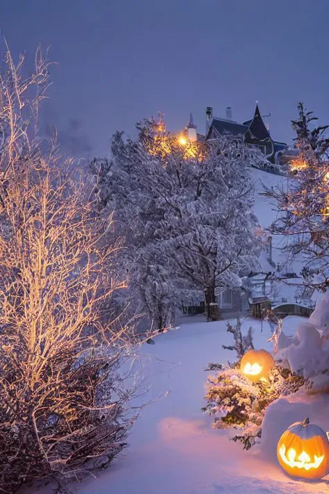 a close up of a snow covered ground with a bunch of trees