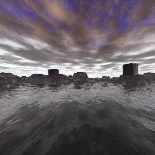 rocky coast made of gray stone, gray water reflects, thin rectangular square dark brown skyscrapers with rectangular vertical frequent narrow windows, a cooling tower can be seen on the side on a separate stone island, low gray clouds often seeping through, and a few dark orange ones, the sky is blue with a hint of purple on the horizon is white