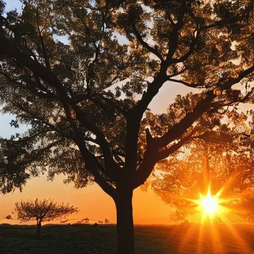 a close up of a tree with the sun setting behind it