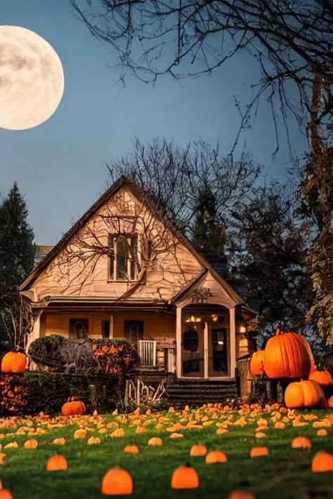 Create a photorealistic image that encapsulates the eerie charm of Halloween night. The scene should feature a crescent moon hanging low in the night sky, casting dim light on the surroundings. A small and creepy wooden cottage should be the central focus, surrounded by pumpkins and lanterns that exude a warm but eerie glow. The atmosphere should be enigmatic and mysterious. Capture this scene with a professional camera, using a 35mm lens to encompass the entire landscape. Opt for high-resolution settings (4K) to ensure the details are vivid and realistic. Experiment with lighting to enhance the spooky yet inviting ambiance of this Halloween night.