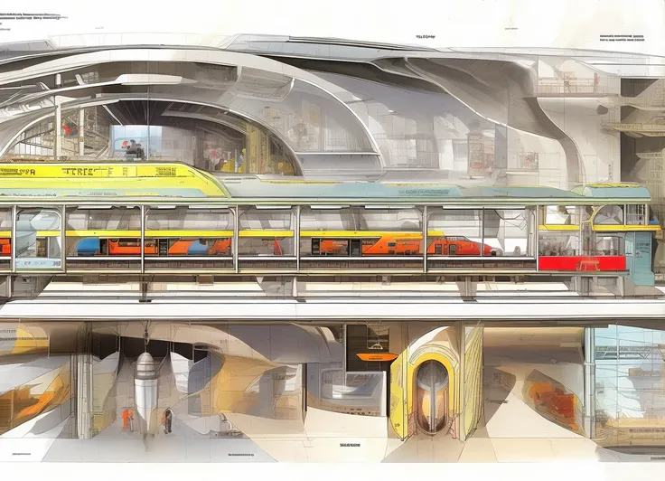 (cutawayseventy:1), design sketch of a cutaway railway underwater train station, tunnel illustration, trains, subway, annotatiions, text. description, description line, box, draft, concept art colorful illustrations, concrete formwork, ventilation shaft, water level