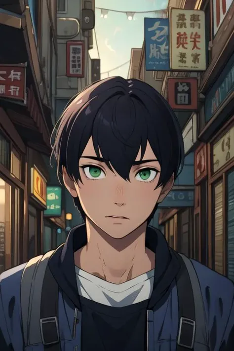 masterpiece, best quality, photorealistic, 1boy, solo, male focus, looking at viewer, , , , realistic, <lora:tsuneo_suzukawa:0.66>, tsuneo_suzukawa, black hair, green eyes, , social science fiction,