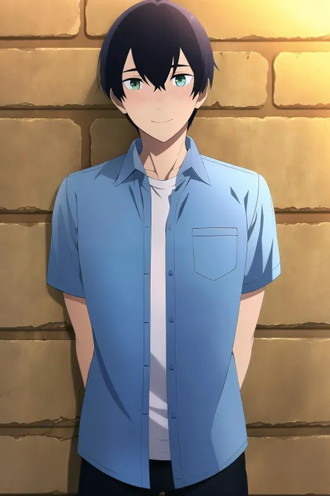 masterpiece, best quality, tsuneo_suzukawa 1boy, male focus, standing, looking at viewer, (arms behind back), cowboy shot, against wall, brick wall, black hair, green eyes, sad, nervous smile, light blush, (casual, layered shirt, ((blue collared shirt, open shirt)), (white t-shirt)), black pants,