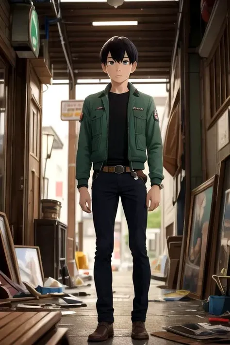 masterpiece, best quality, photorealistic, 1boy, solo, male focus, looking at viewer, , depth of field, , , <lora:tsuneo_suzukawa:0.68>, tsuneo_suzukawa, black hair, green eyes, vandal costume, dieselpunk, 32k resolution