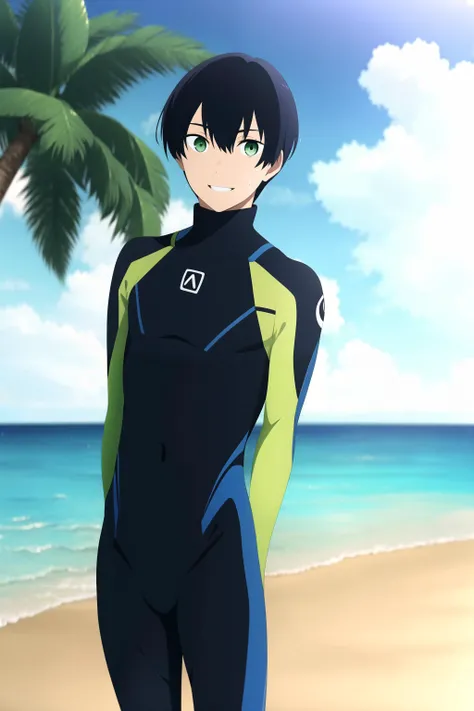 masterpiece, best quality, tsuneo_suzukawa 1boy, beach, palm tree, male focus, cowboy shot, standing, arms behind back, hand up, looking at viewer, black hair, green eyes, smile, wetsuit, snorkel,