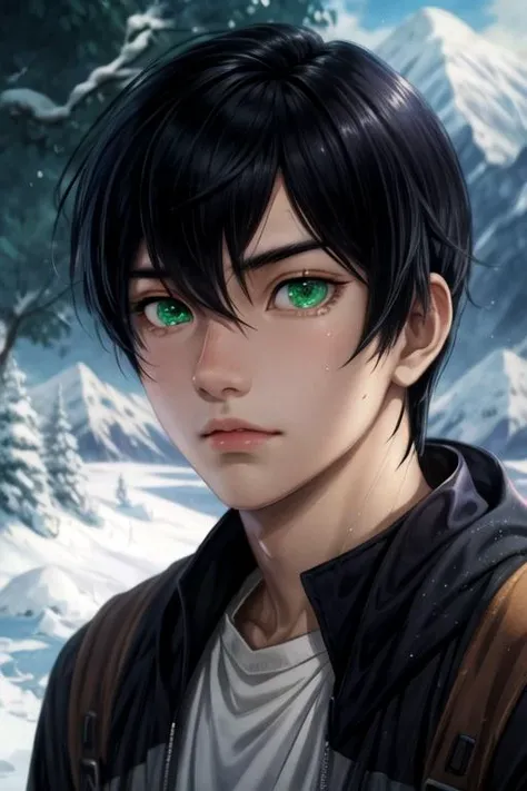 masterpiece, best quality, sketch, 1boy, solo, male focus, looking at viewer, , depth of field, anime coloring, realistic, <lora:tsuneo_suzukawa:0.74>, tsuneo_suzukawa, black hair, green eyes, , mountain, High definition