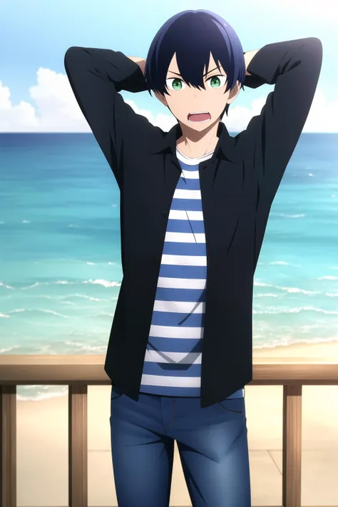 masterpiece, best quality, tsuneo_suzukawa 1boy, against railing, ocean, male focus, cowboy shot, standing, arm behind head, looking at viewer, arms at sides, black hair, green eyes, surprised, open mouth, (tight, layered clothes, black collared shirt, ((open shirt)), striped t-shirt), jeans,