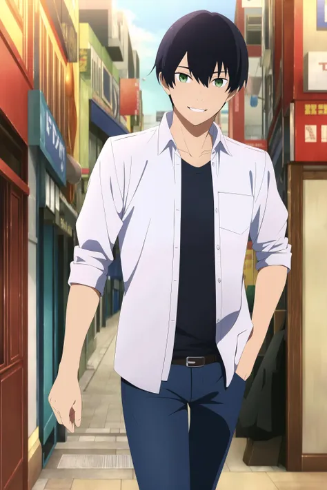 masterpiece, best quality, tsuneo_suzukawa 1boy, city, shop, male focus, cowboy shot, walking, looking at viewer, black hair, green eyes, smile, (tight, layered clothes, collared shirt, ((open shirt)), t-shirt), pants,
