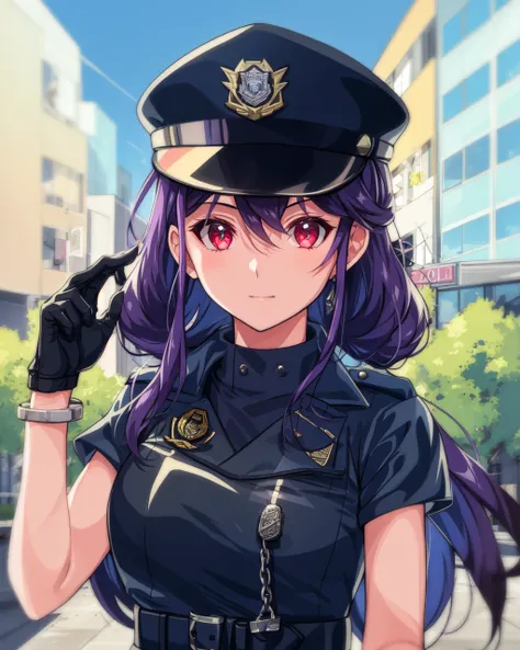 1girl, ruri, purple hair, bracelet, long hair, police officer uniform, sunglasses, police cap, handcuffs, black gloves,
facing viewer, confused,
outdoors, city, urban, downtown,
<lora:Ruri v2 e6:0.85>