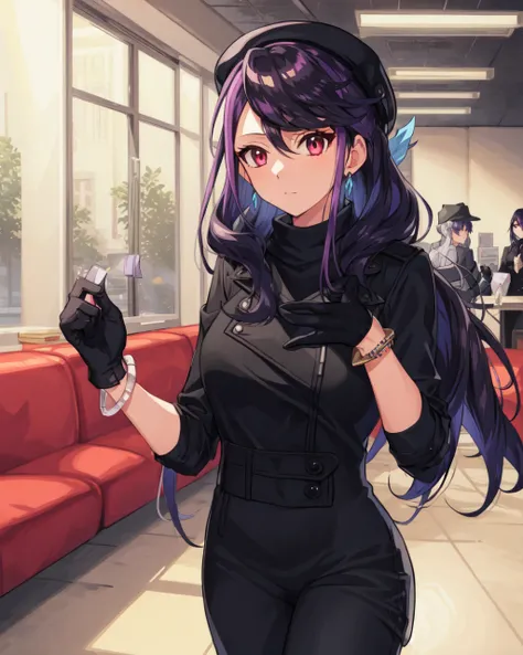 1girl, ruri, purple hair, bracelet, long hair, black sweater, black pants, black hat, black gloves,
robbing bank,
indoors, bank,
<lora:Ruri v2 e6:0.85>