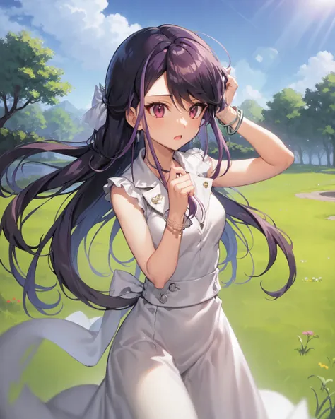1girl, ruri, purple hair, bracelet, long hair,
outdoors, park, grass,
blue sky, sun, sun rays,
<lora:Ruri v2 e6:0.75>