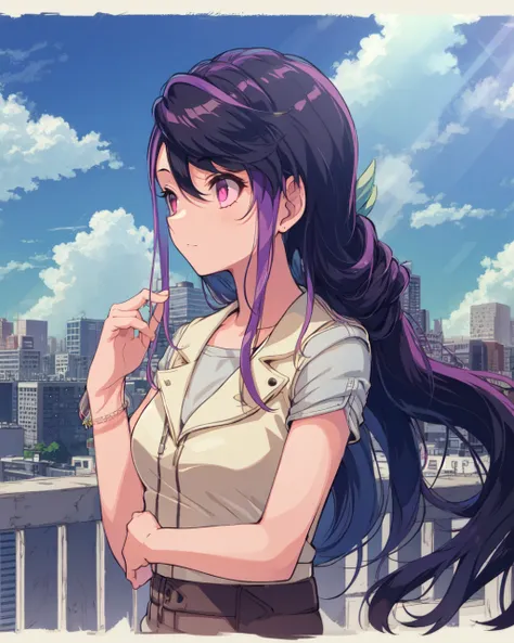 1girl, ruri, purple hair, pink eyes, bracelet, long hair,
looking away,
outdoors, city, urban, downtown, sun rays, cloud,
<lora:Ruri v2 e6:0.85>