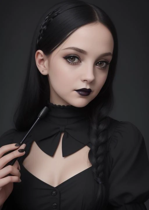 <lora:Chr1st1naR1cc1v10:0.7> a closeup portrait of a wednesday addams using gothic chic dress, flirting with camera, black lipstick, <lora:morticiaAdams_v11:0.3>