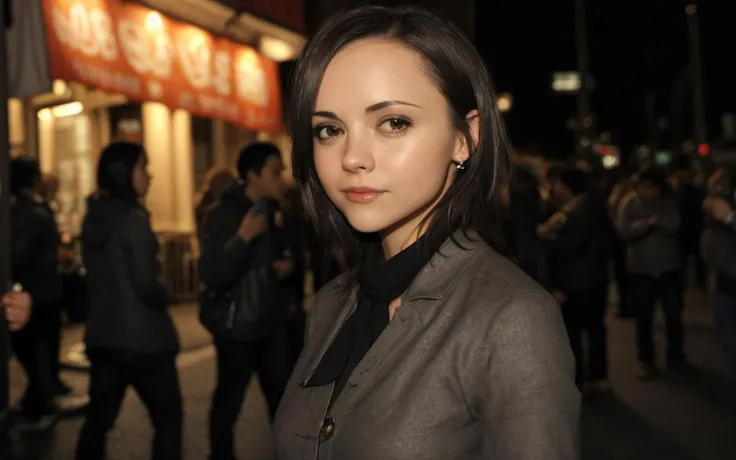 woman looking into the camera, at night, dark, wide angle, crowded street, blurry background, full body, 
casual yet stylish, elegant cloth, Chr1st1naR1cc1 <lora:christinaRicci_v11:0.7>